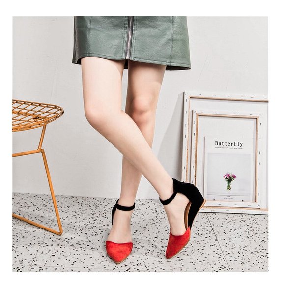 Kick Ass Red & Black Microsuede Ankle Strap Wedges NWT SZ 6.5 - Picture 2 of 16